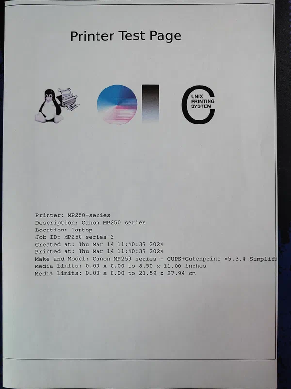 Test page printed using Fedora. Yes, most of the colors in the colored ink
cassette have run out.